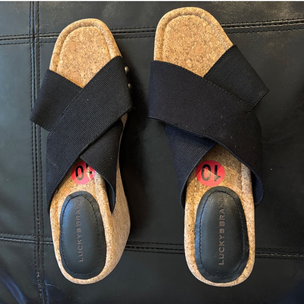 Lucky Brand Vlada Black Elastic Cork Wedge Sandals Studded Platform Slides 10W